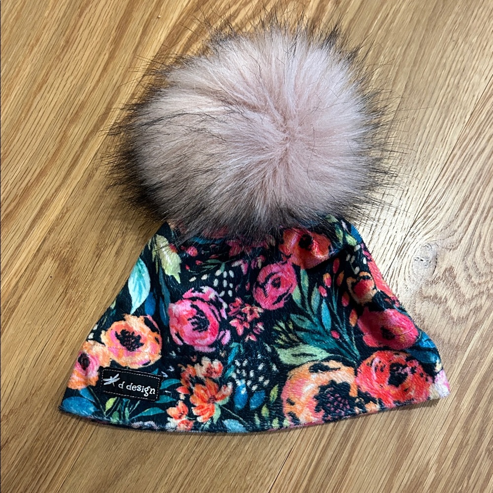 Floral Beanie with Pom Pom